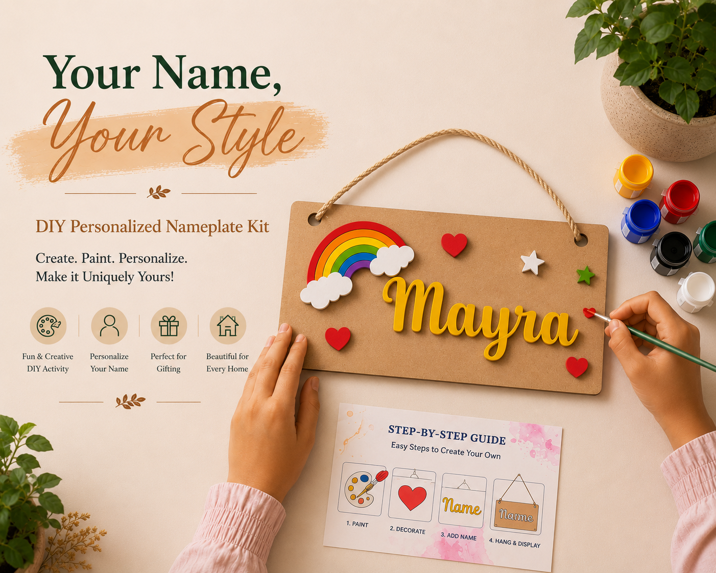 DIY personalized nameplate kit with hands painting a wooden nameplate, surrounded by paint supplies and a step-by-step guide.
