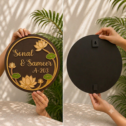 Classic Lotus Nameplate I Handcrafted Personalized Wooden Nameplate for Home Entrance
