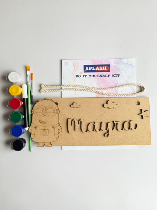 Minion theme nameboard DIY kit for kids. Personalized paint-your-own kit with colors and tools—perfect for birthday return gifts, creative play, and kids room décor.