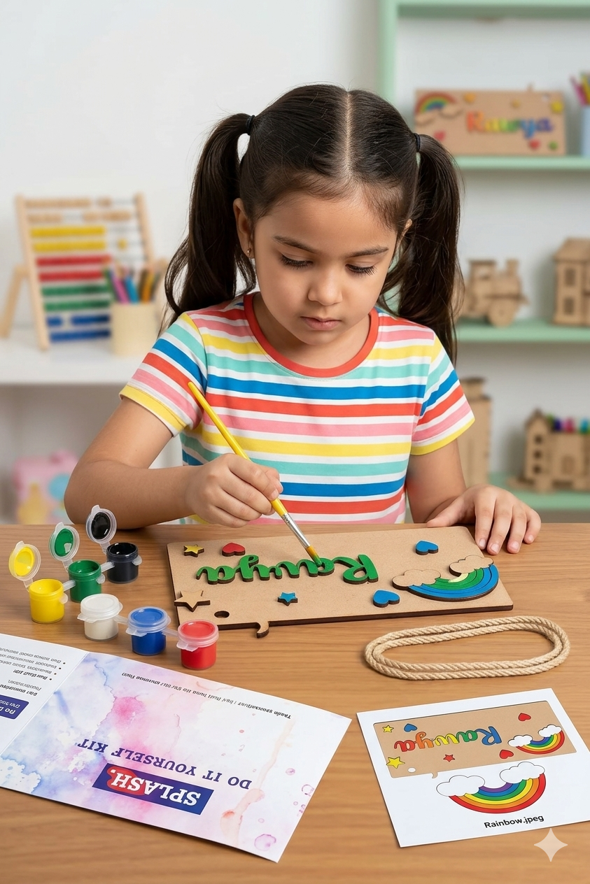 Child painting a craft project with colorful materials on a table.