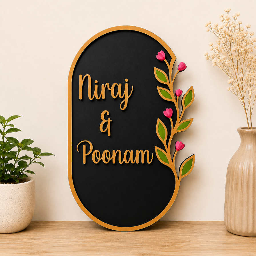 Decorative wall art with Personalised nameplate with black background with floral design. Nameplate for your Home.