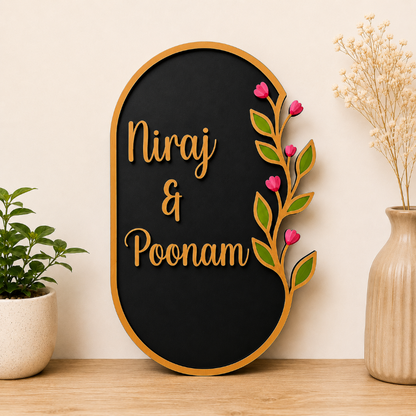 Decorative wall art with Personalised nameplate with black background with floral design. Nameplate for your Home.