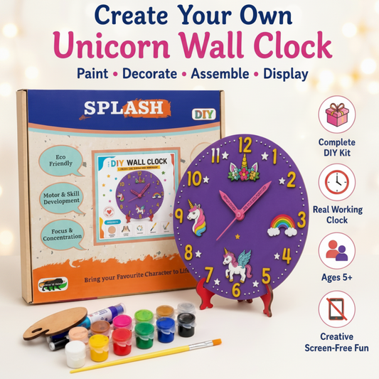 DIY Unicorn Wall Clock Kit for Kids with paints, brushes, clock machine and wooden clock base by SplashArts