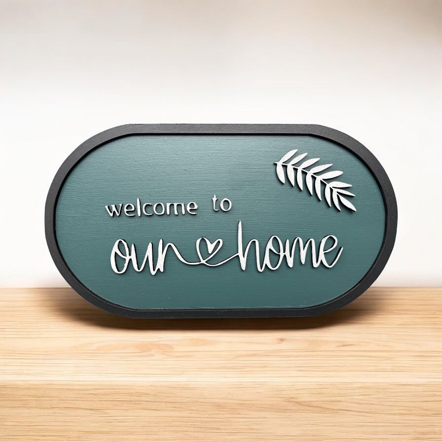 Handcrafted personalized wooden nameplate for home entrance. Welcome to Home nameplate