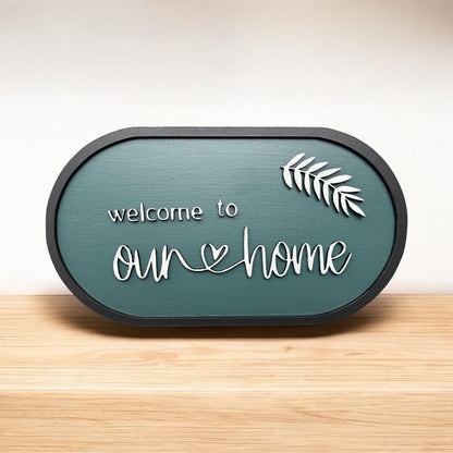 Handcrafted personalized wooden nameplate for home entrance. Welcome to Home nameplate