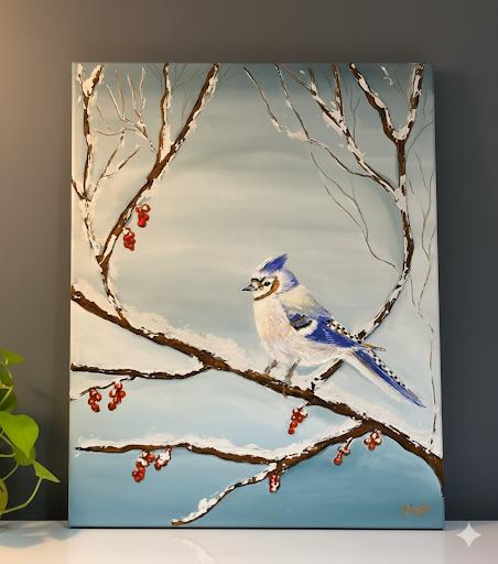Winter Blue Jay Serenity – Textured Winter Bird Art(Original)