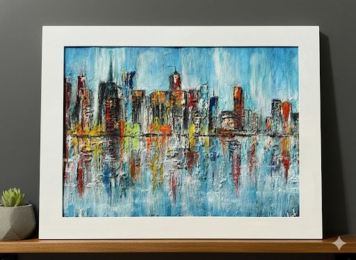 City Reflections Symphony – Textured Urban Skyline Art (Original)