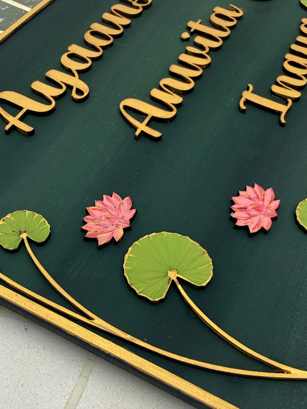 Lotus Pond Nameplate I Handcrafted Personalized Wooden Nameplate for Home Entrance