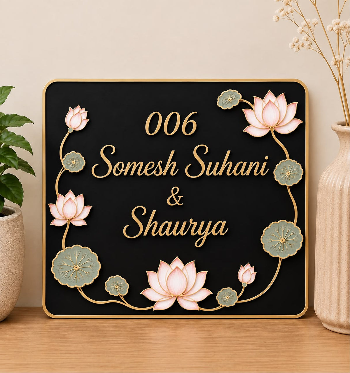 Elegance of Lotus Nameplate I Handcrafted Personalized Wooden Nameplate for Home Entrance