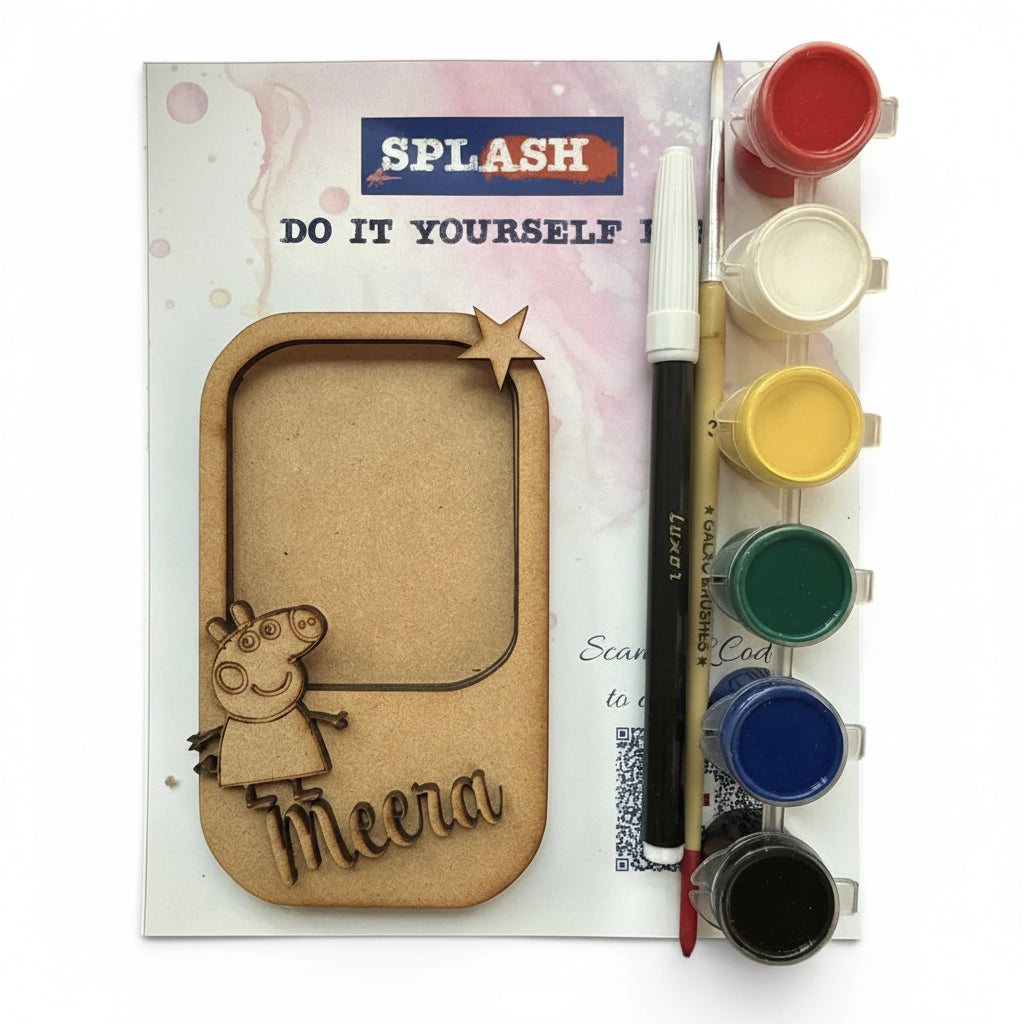 A DIY laser-cut wooden name plaque kit with a Peppa Pig themed design, shown with its paint palette, paintbrush, and instruction card on a white background.
