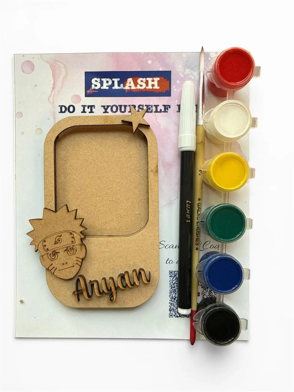 Custom laser-cut wooden photo frame kit with a Naruto character design and the name 'Anyan', shown with a paint palette, paint pots, a paintbrush, and a marker on a white background.