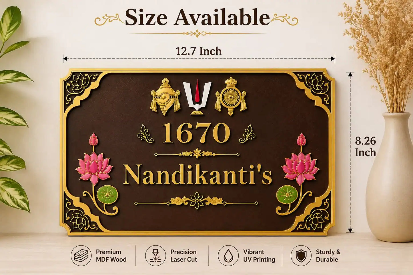 A decorative personalized wooden door plaque shown with dimension labels reading 12.7 Inch wide and 8.