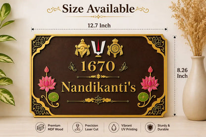 A decorative personalized wooden door plaque shown with dimension labels reading 12.7 Inch wide and 8.