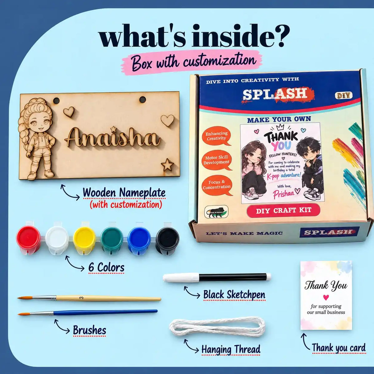 DIY craft kit contents arranged on a light blue background with a large title reading 'what's inside? Box with customization.' The set includes a wooden nameplate engraved with a cartoon girl and the name 'Anaisha,' a branded box, six paint colors, two brushes, a black sketchpen, white hanging thread, and a thank you card.