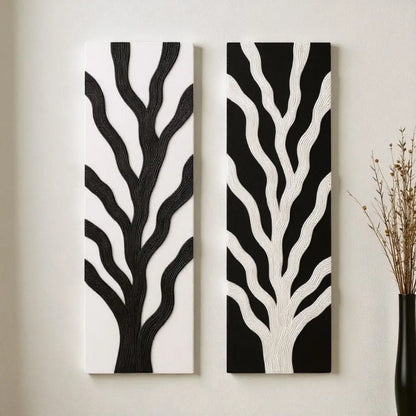 Abstract Tree of Life Texture Panels (Set of 2) I Wall Decor - Black & White / 59cm × 19 cm / MDF Wood - Wall hanging