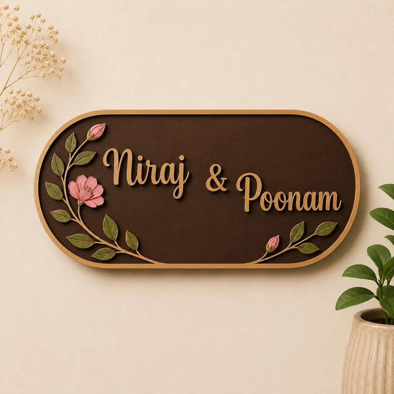 Berry Floral Nameplate I Handcrafted Personalized Wooden Nameplate for Home Entrance - nameplate