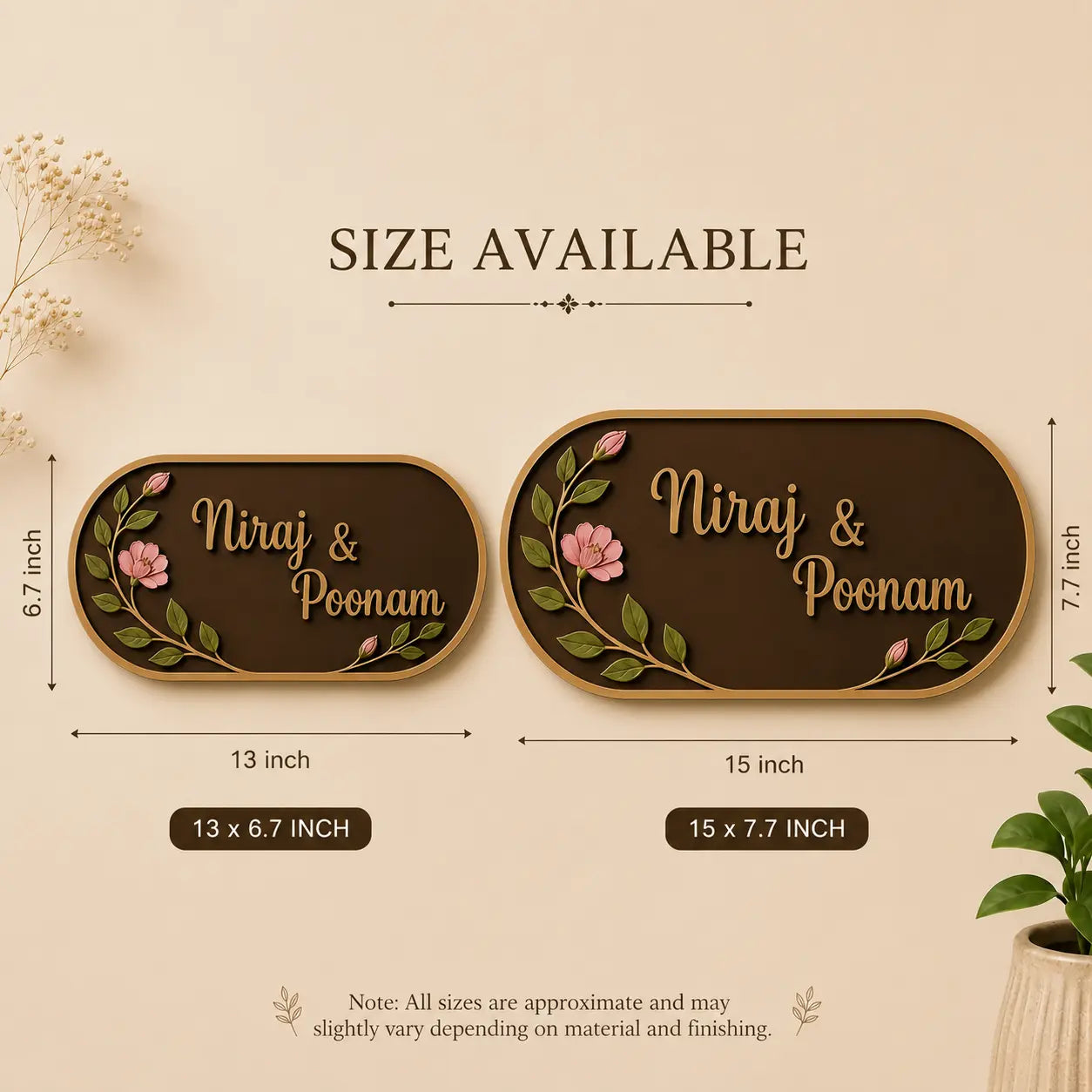 Customizable dark brown wooden nameplates with gold lettering and pink floral designs, showing two size options: 13 x 6.7 inches and 15 x 7.