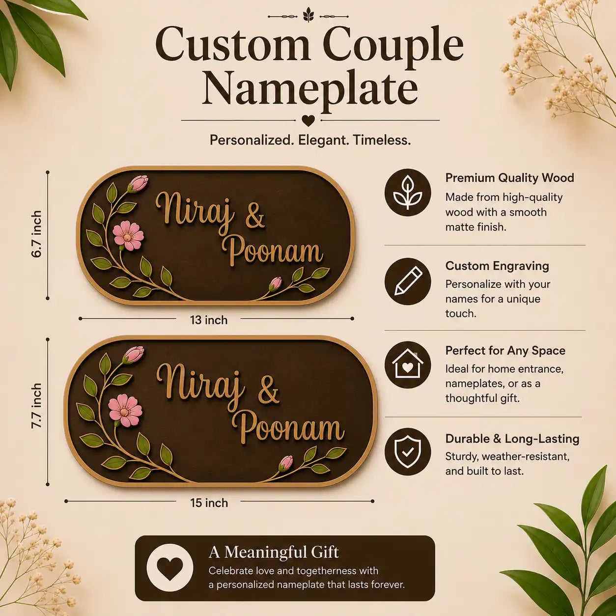 Custom couple nameplate infographic showing two oval wood nameplate designs with floral vine illustrations. The top plate reads 'Niraj & Poonam' and is 6.