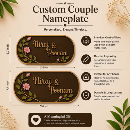 Custom couple nameplate infographic showing two oval wood nameplate designs with floral vine illustrations. The top plate reads 'Niraj & Poonam' and is 6.