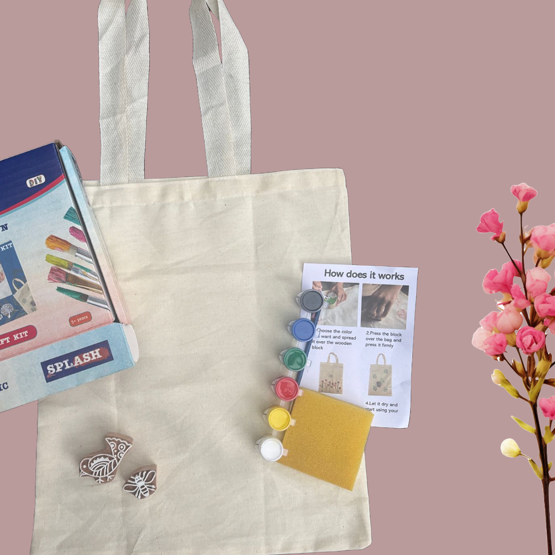Bird & Bee Block Painting DIY Kit | Paint Your Own Tote Bag | SPLASH DIY by Splash Arts - indianart
