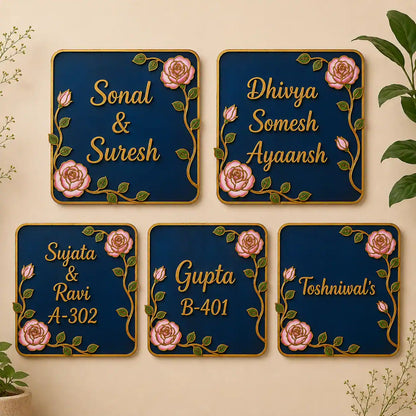 Set of decorative nameplates with floral designs on a beige background