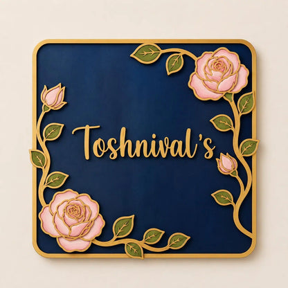 Decorative sign with 'Toshnival's' text surrounded by floral designs on a blue background.