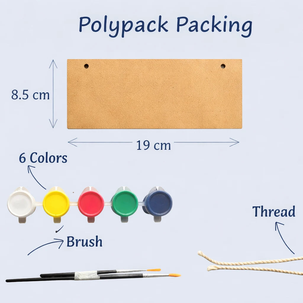 Polypack packing kit diagram showing a rectangular kraft paper label with two holes, six paint colors, a brush, and thread on a light blue background, with dimensions labeled 19 cm by 8.5 cm.