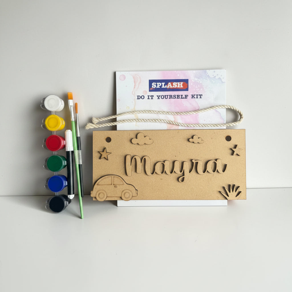 Car Theme Nameboard DIY Kit for Kids | Personalized Paint Your Own Name Board | Birthday Return Gift I SPLASH DIY