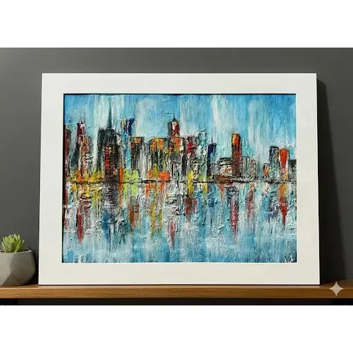 City Reflections Symphony – Textured Urban Skyline Art (Original) - paintings
