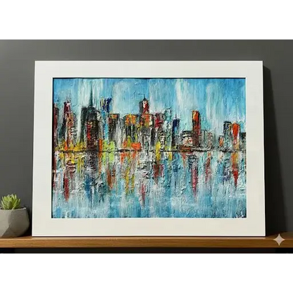 City Reflections Symphony – Textured Urban Skyline Art (Original) - paintings