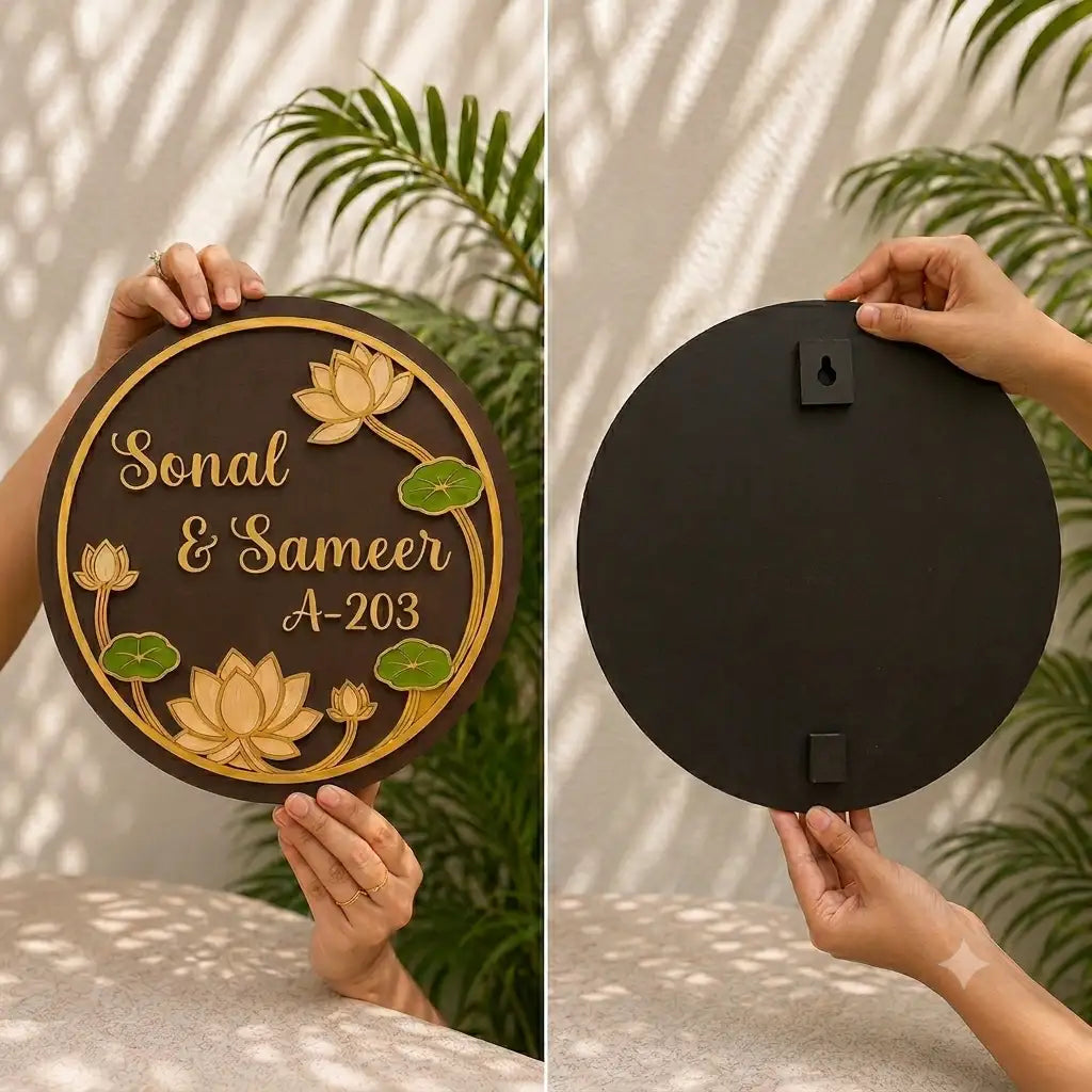 Two wooden circular signs with floral designs and engraved text, one with a decorative design and the other plain.