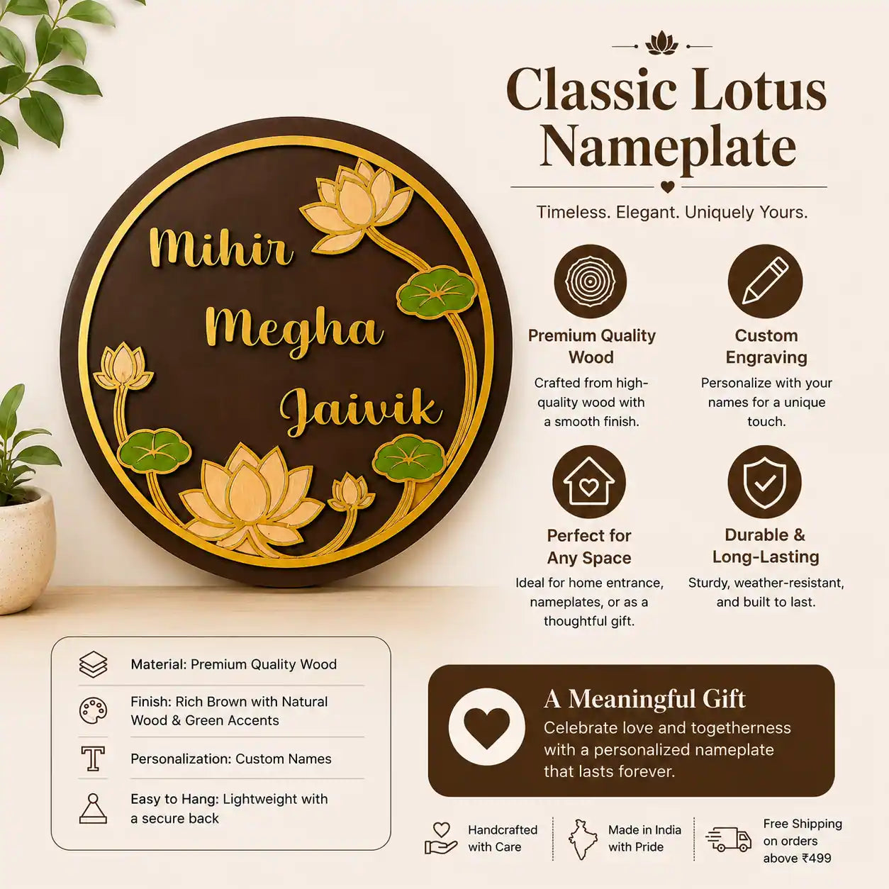 Classic Lotus nameplate with gold and green design on a wooden background