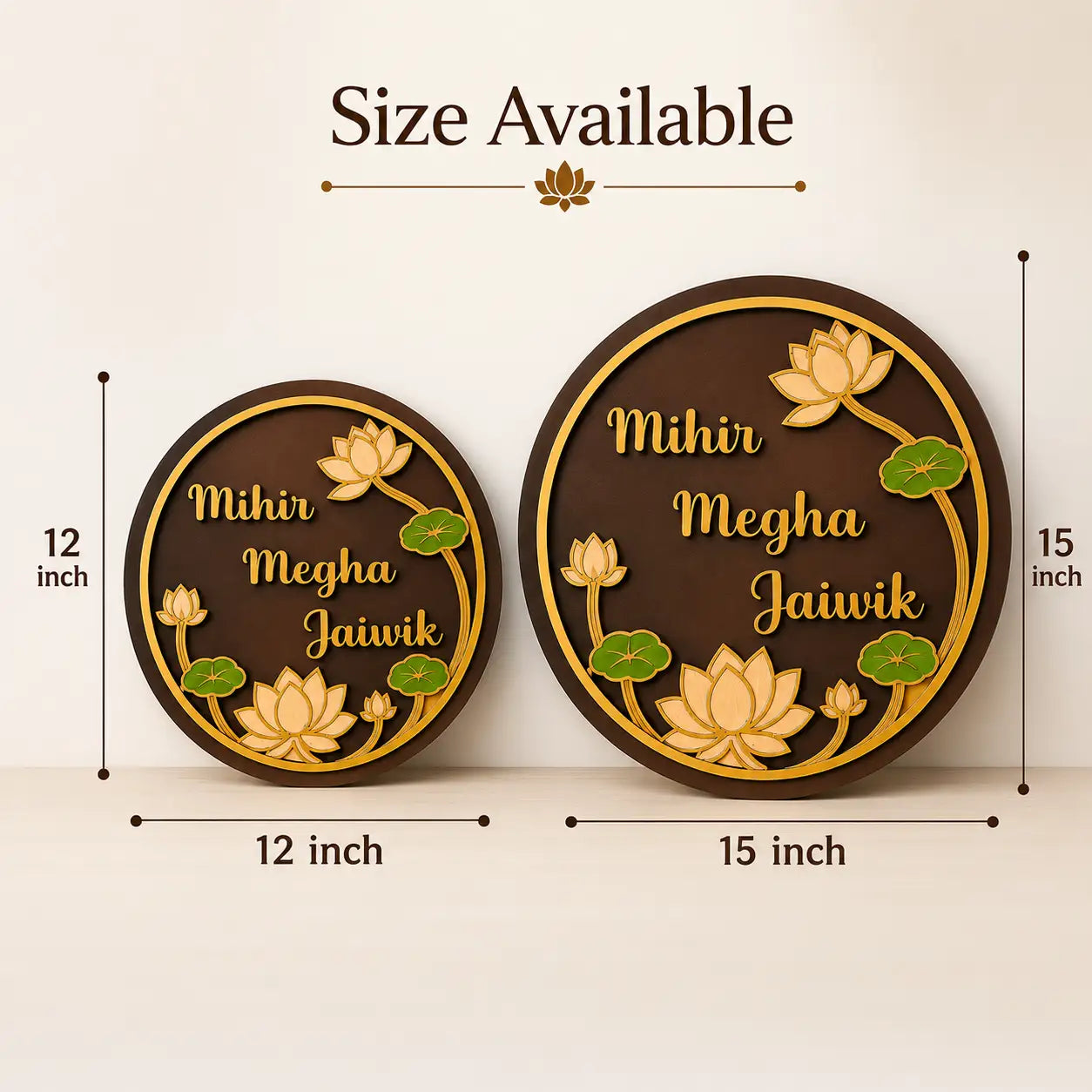 Two decorative wall art pieces with floral designs and names, showing size availability on a white background.