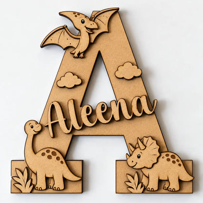 Personalized wooden letter A wall decor with dinosaur cutouts and the name 'Aleena' in script, shown on a plain light background.