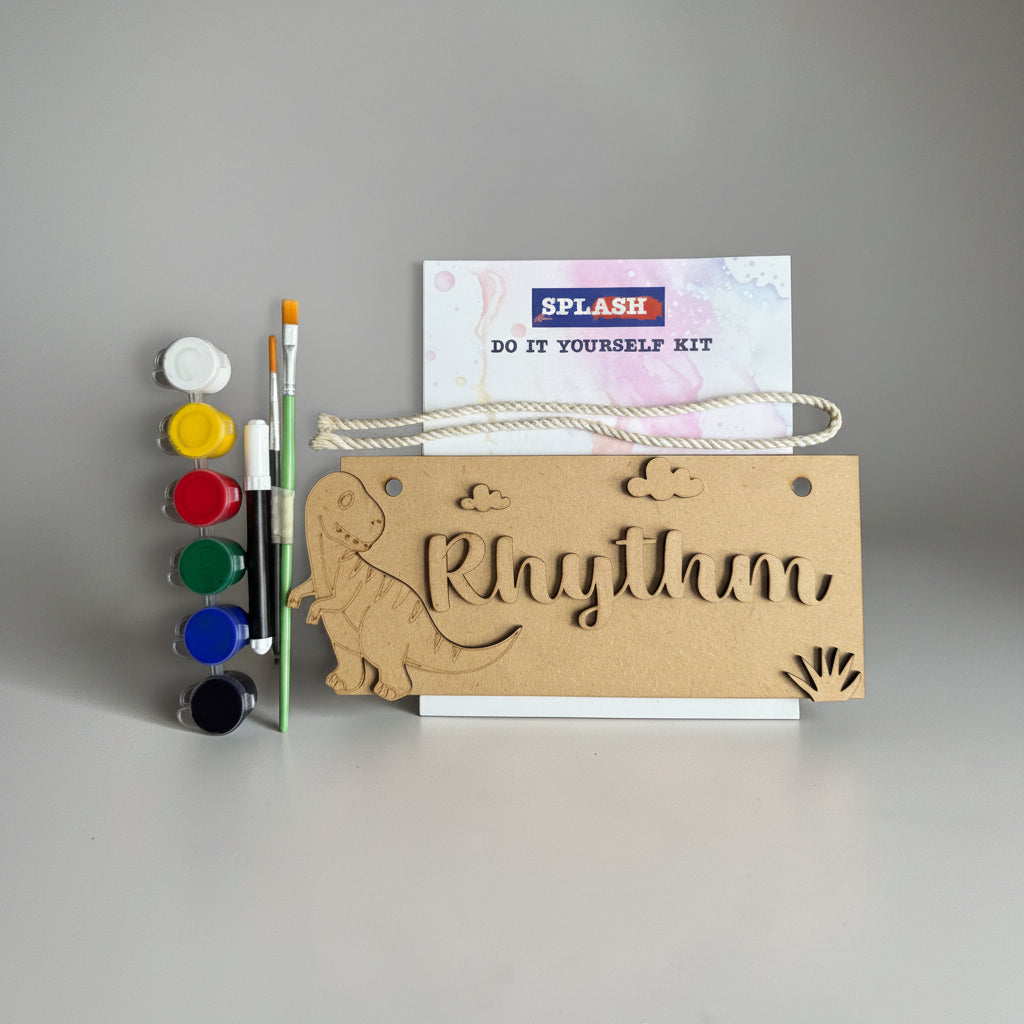 Dinosaur Theme Nameboard DIY Kit for Kids | Personalized Paint Your Own Name Board | Birthday Return Gift - returngift