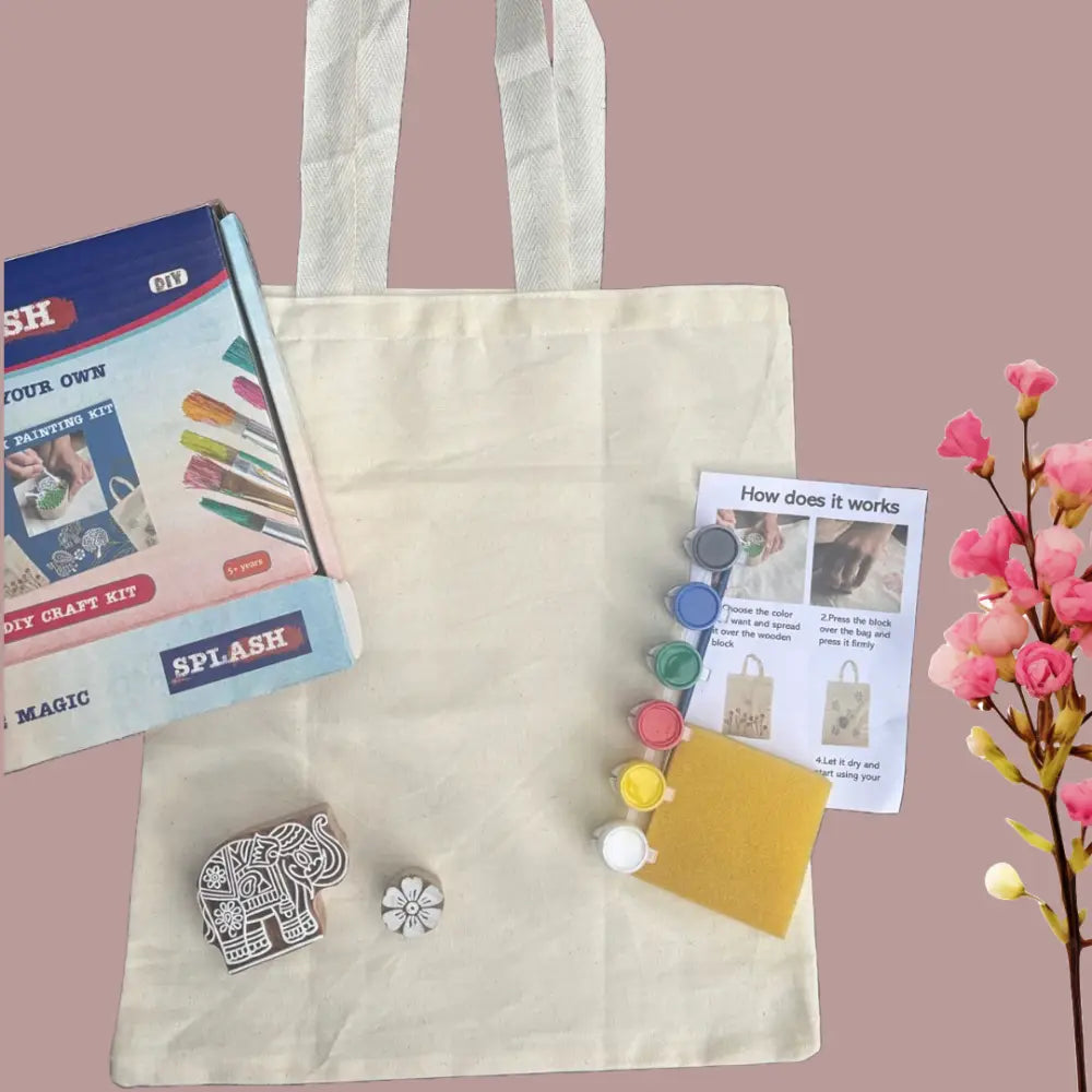 Elephant & Flower Block Painting DIY Kit | Paint Your Own Tote Bag | SPLASH DIY by Splash Arts - indianart