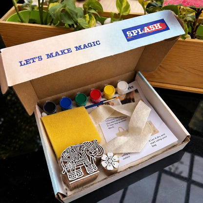Artistic craft kit with stamps and supplies in a box labeled 'Splash'.