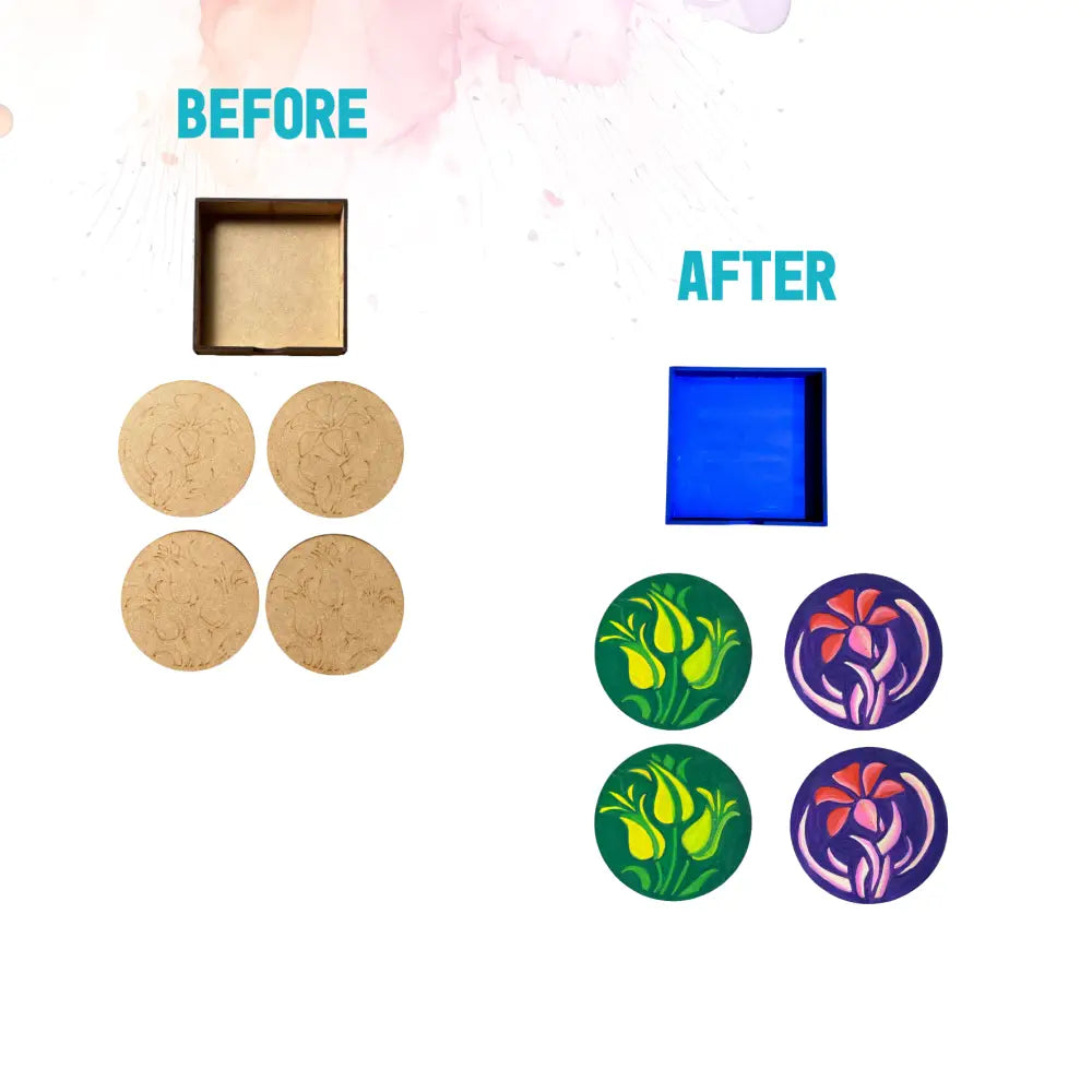 Floral Coaster DIY Kit for Kids & Adults | Paint Your Own Wooden Coasters | SPLASH DIY by Splash Arts - coaster