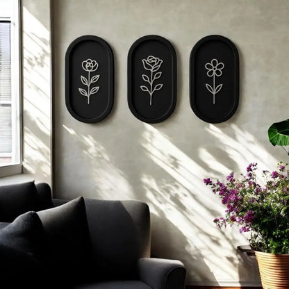 Floral Frames -Set of 3 Wall Hanging | Wall Decor - Oval / 28 cm x 15 cm / MDF Wood - Wall hanging