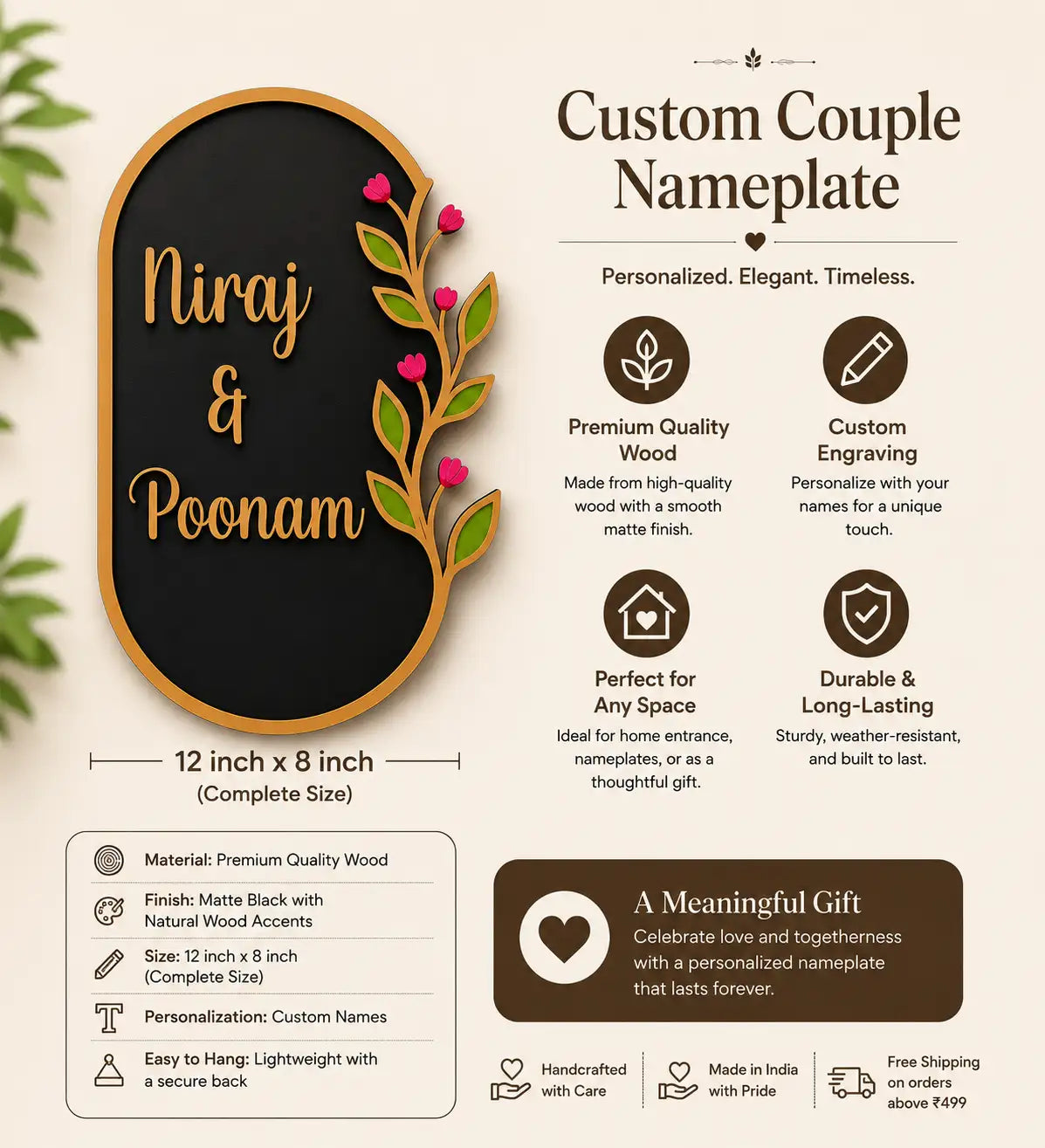 Custom couple nameplate with decorative elements and product details on a beige background.
