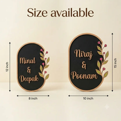 Two decorative nameplates with dimensions on a beige background