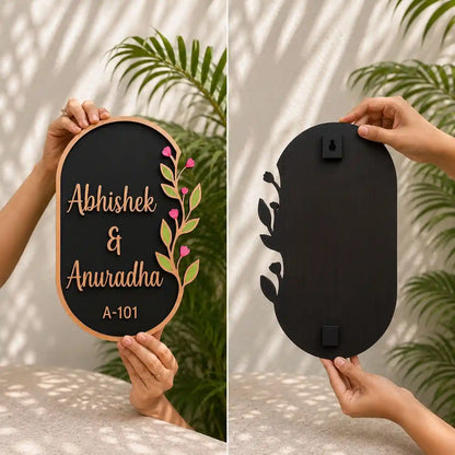 Two views of a decorative sign with personalized names and design elements.