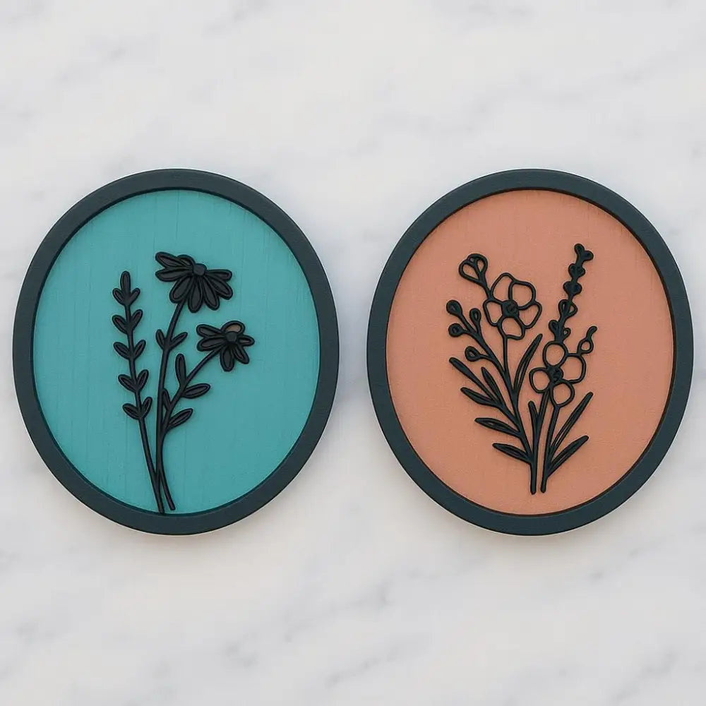 Forals in Circle -Set of 2 | Wall Decor - 30cm / MDF Wood - Wall hanging