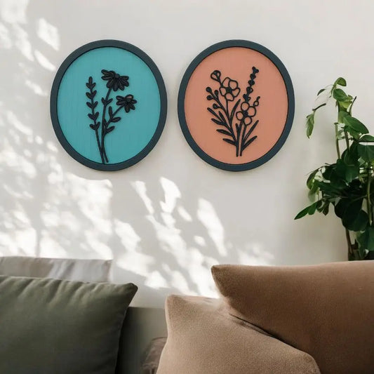 Forals in Circle -Set of 2 | Wall Decor - 30cm / MDF Wood - Wall hanging
