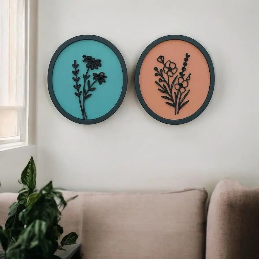 Forals in Circle -Set of 2 | Wall Decor - 30cm / MDF Wood - Wall hanging