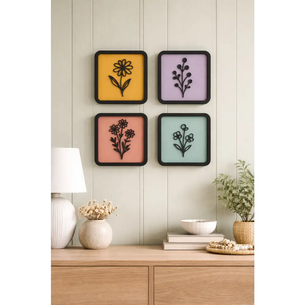 Forals in Square -Set of 4 Wall hanging | Wall Decor - Wall hanging