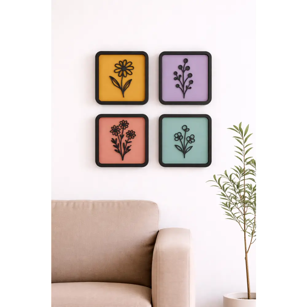 Forals in Square -Set of 4 Wall hanging | Wall Decor - Wall hanging
