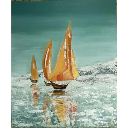 Frosty Flotilla Yacht Painting | Hand Painted Seascape Artwork | Luxury Painting - paintings