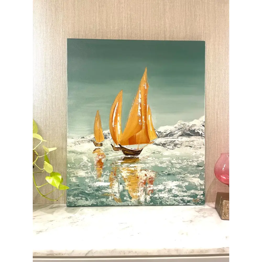 Frosty Flotilla Yacht Painting | Hand Painted Seascape Artwork | Luxury Painting - paintings