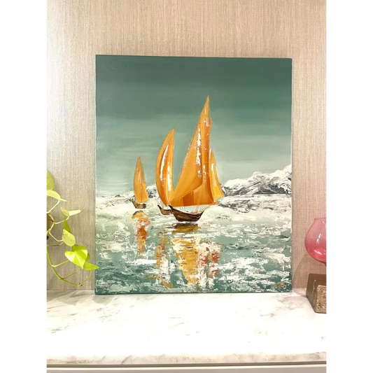 Frosty Flotilla Yacht Painting | Hand Painted Seascape Artwork | Luxury Painting - paintings